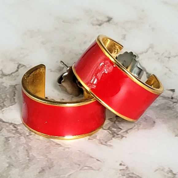 Vintage Jewelry - Vintage Red 80s Hoop Post Earrings Costume Jewelry